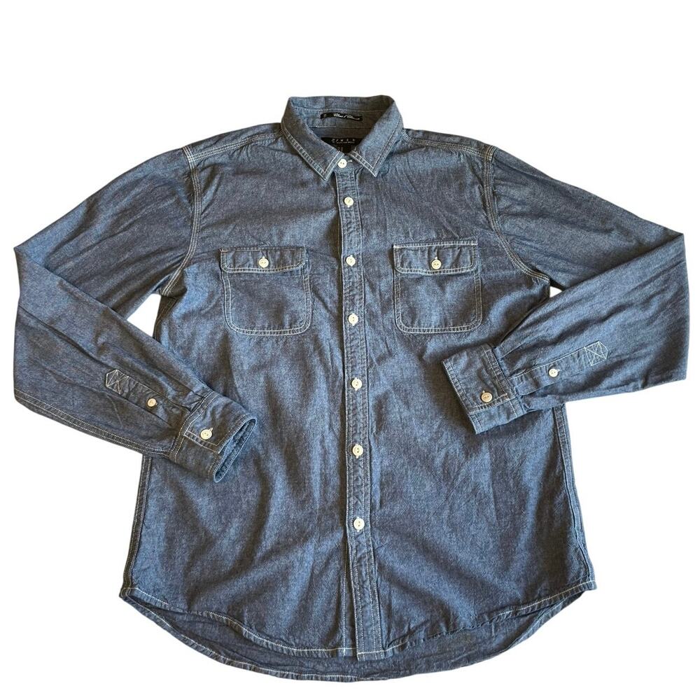 21Men Chambray Denim Long Sleeve Button Up Long Sleeve Cotton Shirt Medium